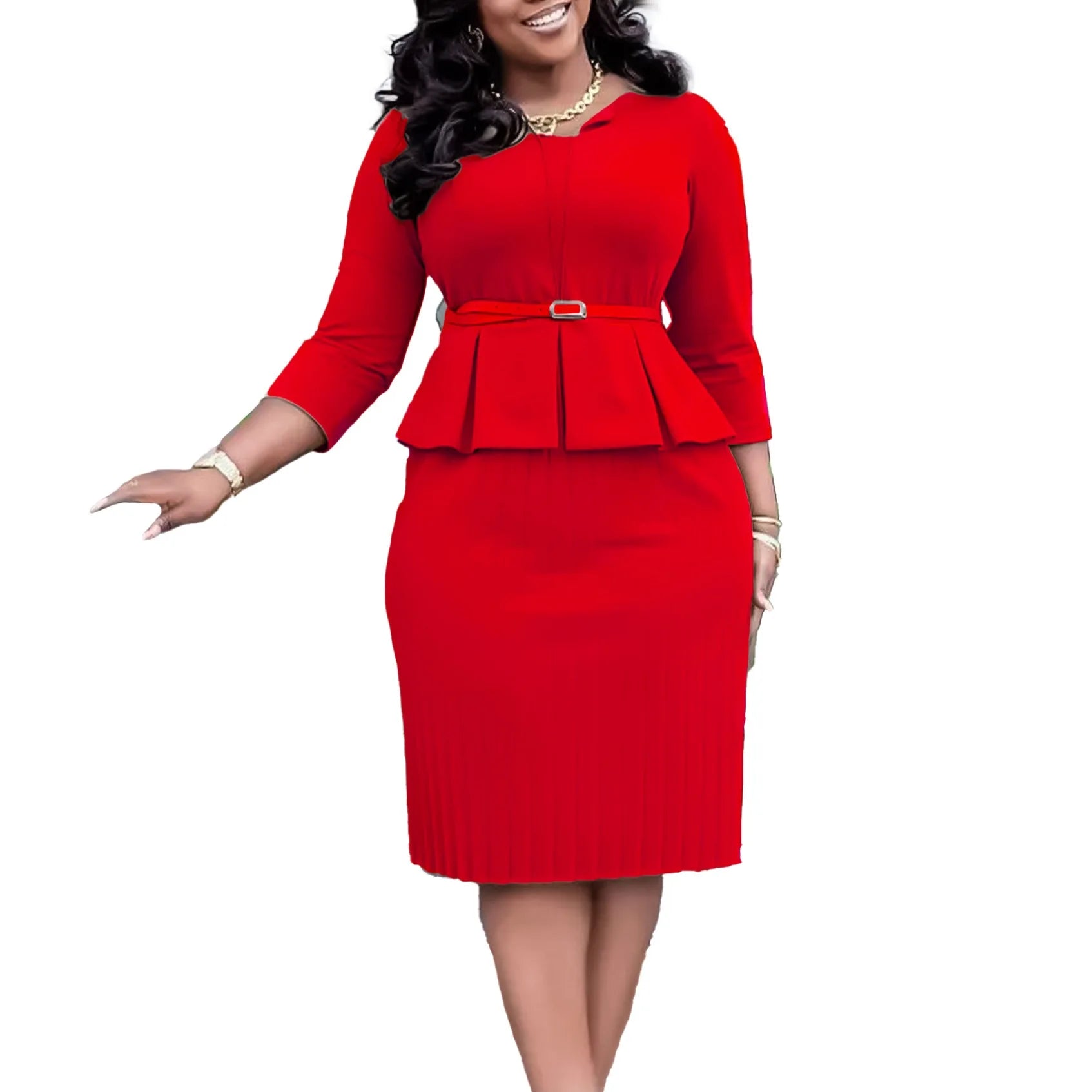 Elegant Office Dress for Women Professional 2024 New V Neck Three Quarter Sleeve Belt Waisted Mid Calf Formal Business Work Robe