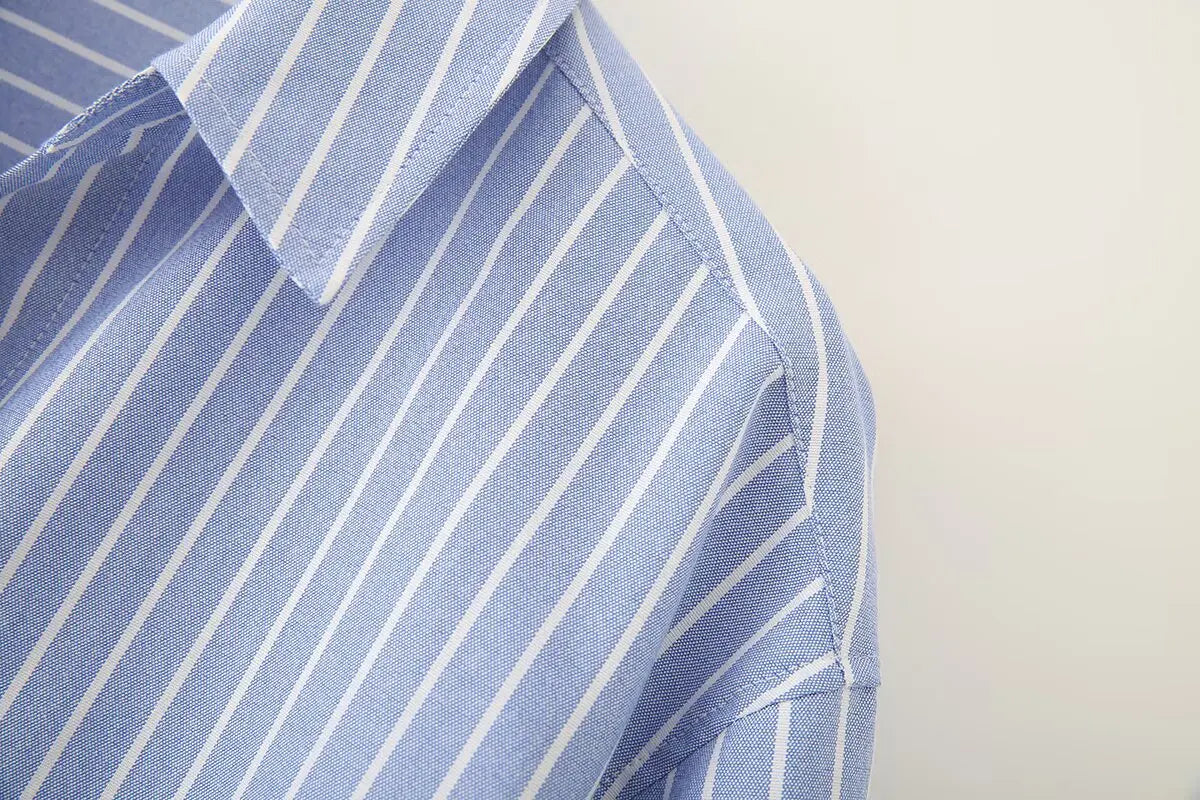 Blue Stripe Button-Down Shirt Women Oversized Fit Long Sleeve Spring Summer Elegant Office Casual Daily Wear Lightweight Top