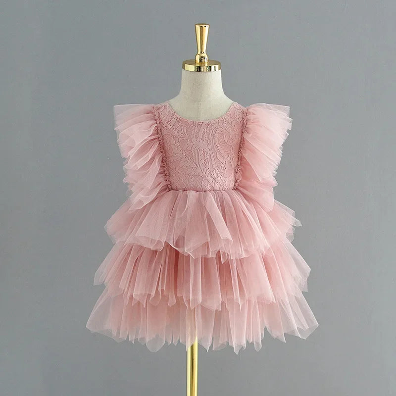 Backless Ruffles Lace Flare Sleeves Layered Princess Party Dresses