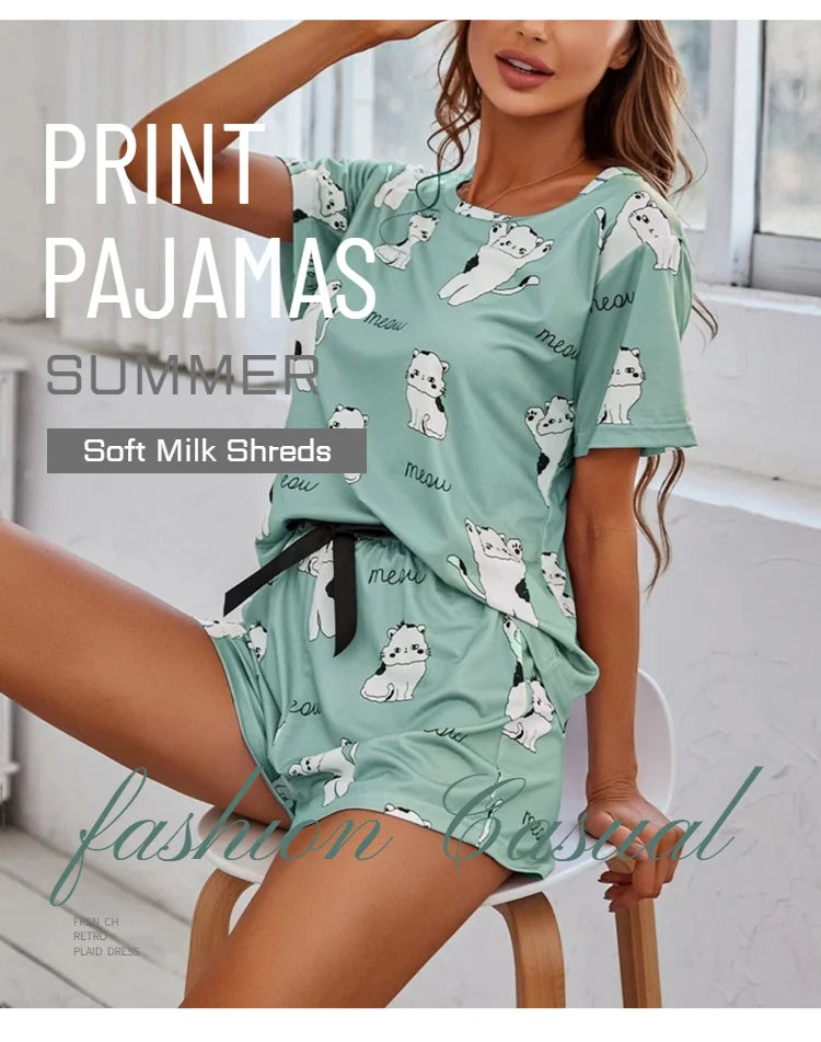 Women's Loungewear Casual Cute Print Nightwear Short Sleeve Crew Neck T-Shirt And Shorts Pajama Set Sleepwear Lounge Two Piece