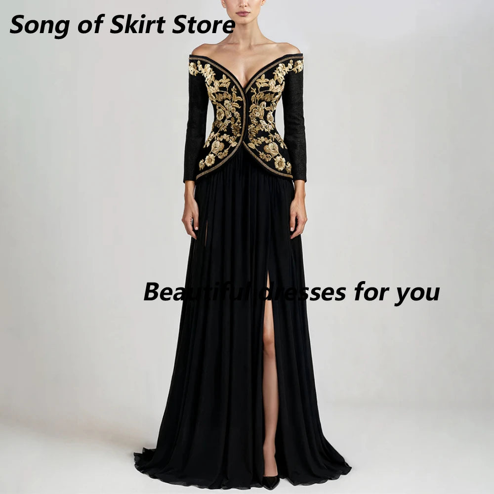 Black Off The Shoulder Evening Dress Lace Appliques Long Sleeves Formal Party Dresses A Line Slit Long Party Dresses Customized