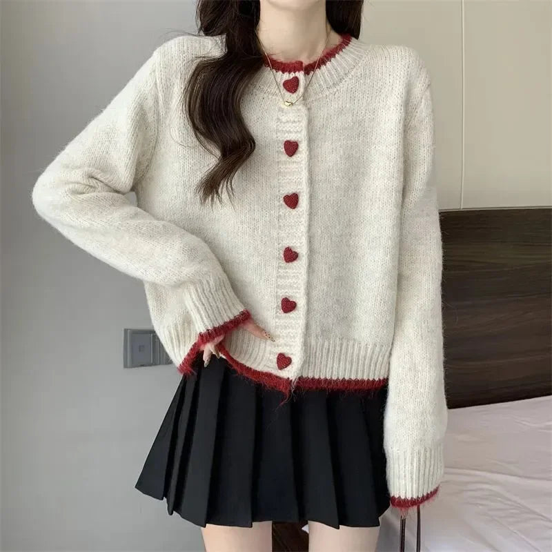 Women Sweater Coat 2025 Autumn Winter New Design Color Block Heart Button Knit Cardigan Short Sleeve Top