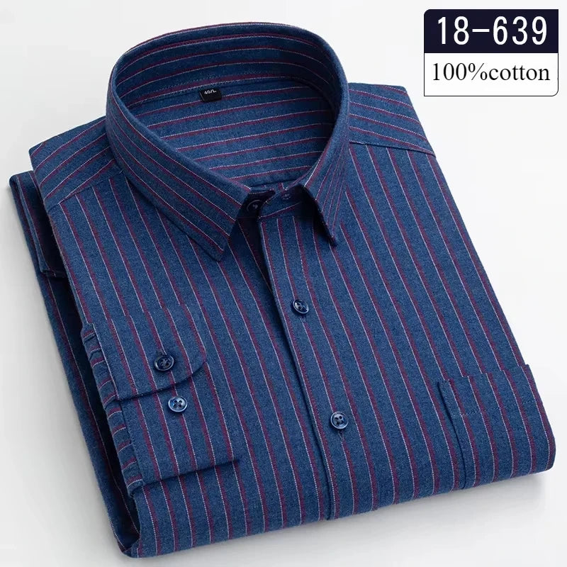 Men's 100% Cotton Brushed Slim Fit Long Sleeve Shirt — Plaid & Striped Casual Autumn