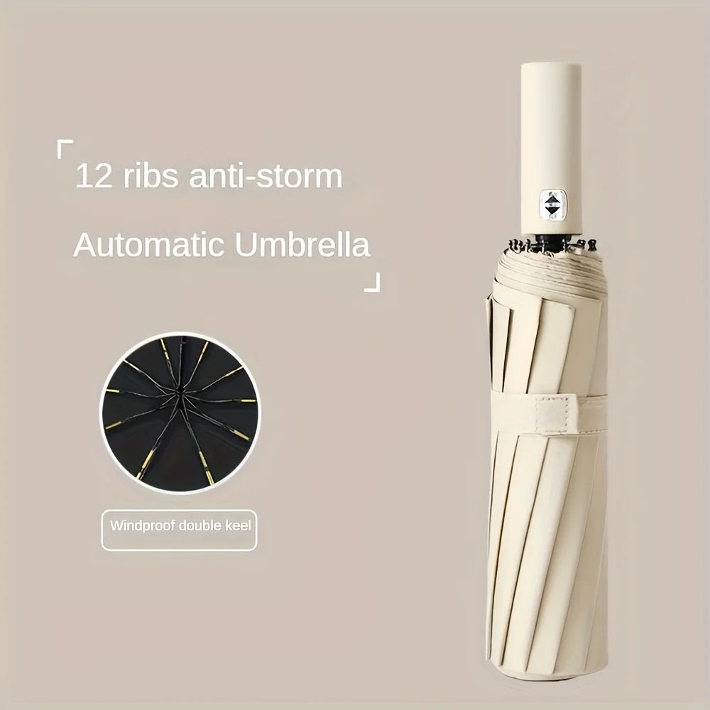 A fully automatic foldable umbrella with 12 ribs and reinforced structure for both rainy and sunny days, featuring UV protection