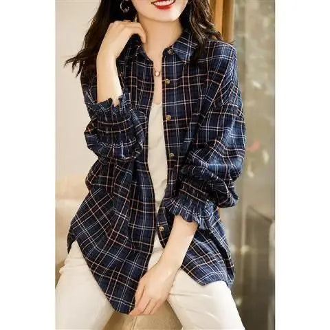 Long Plaid Button Down Shirt For Women Casual Office Wear Loose Fit Turn Down Collar Full Sleeve Spring Autumn Style