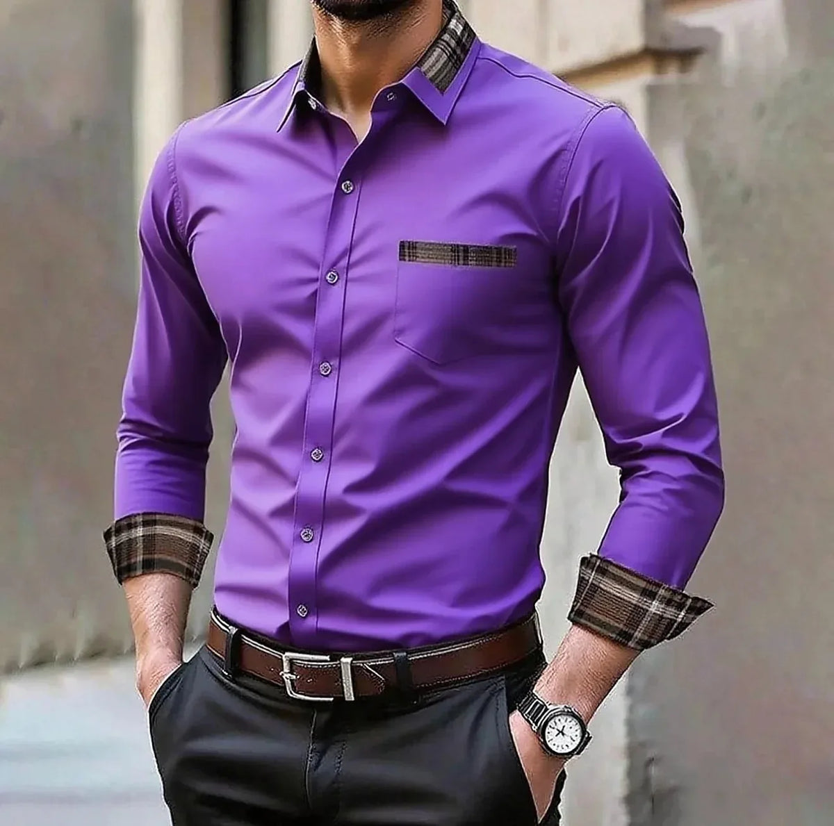 Men's Silk-Blend Plaid Long Sleeve Dress Shirt — 12 Colours Formal Casual Wedding