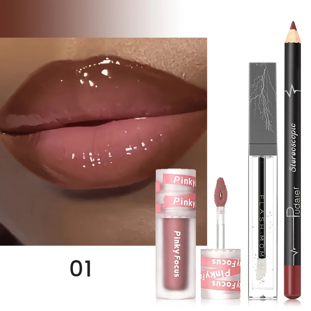 3PCS Shimmer Moisturizing Lip Gloss - Lip Liner and Lip Mud and Oil, Non-Sticky,Glitter, Nourishing Glossy Moisturizing Lipstick