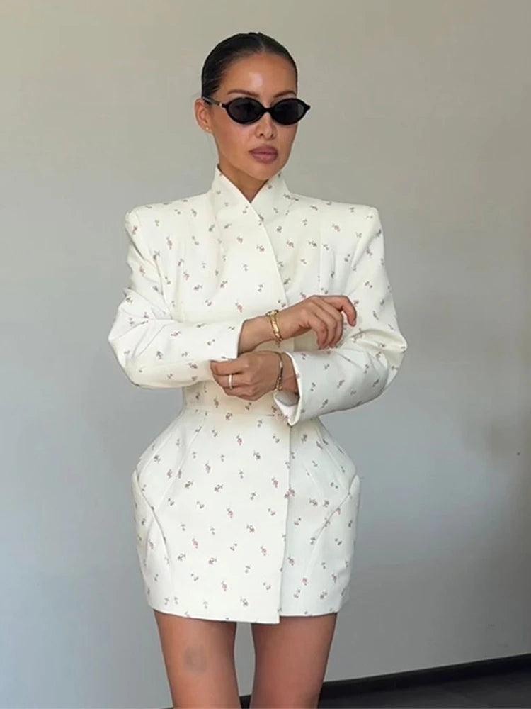 White Waist Cinching Floral Shoulder Pad Blazer Long Sleeve Single Breasted Jacket for Summer 2025 Elagant Female Outwear