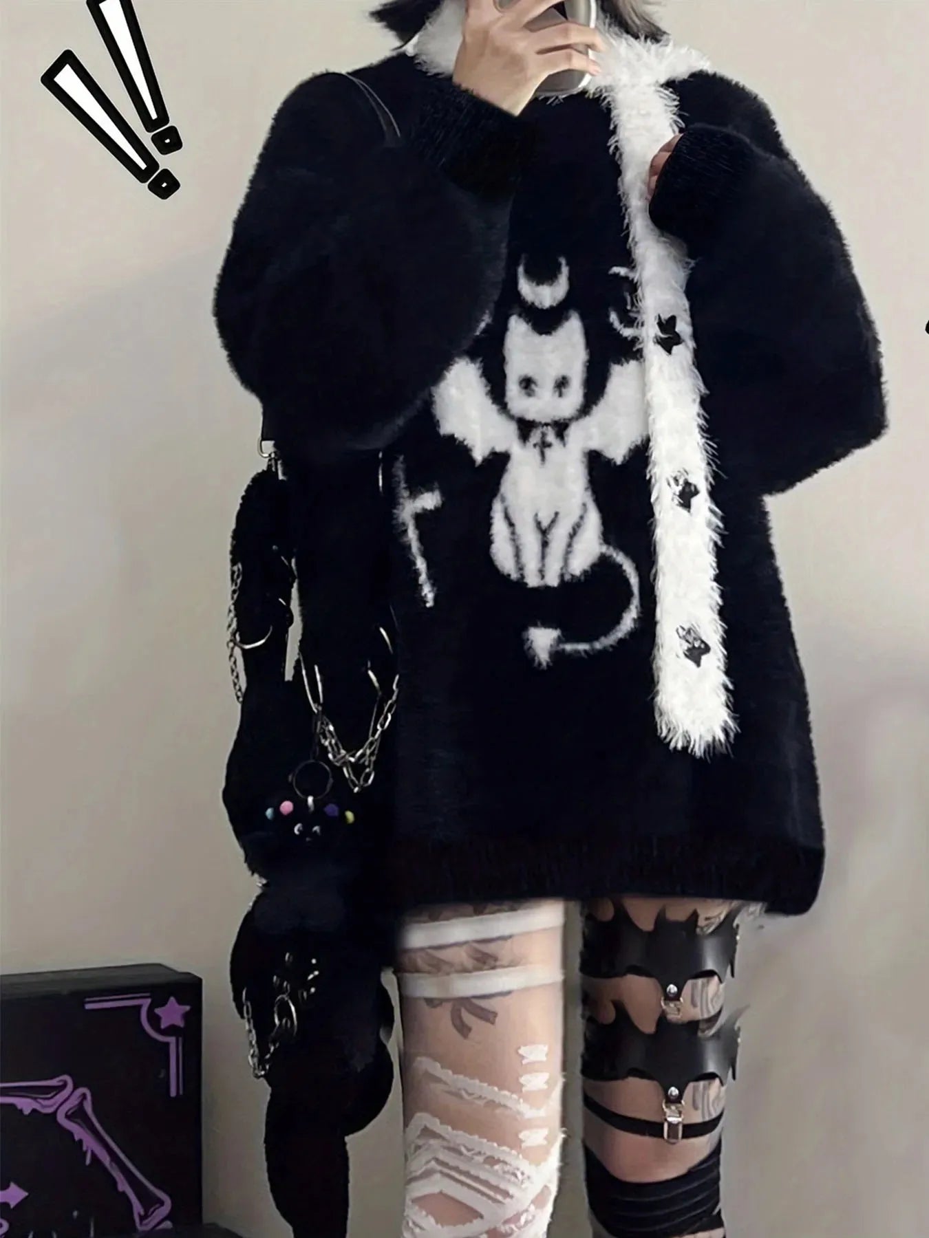 Harajuku Gothic Casual Oversized Knitted Jumpers Grunge Cartoon Sweater Fashion Knitwear Y2k Aesthetic Balack Loose Pullover