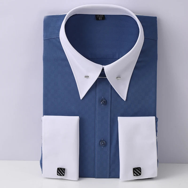 Lynett Lamar Men's Empire Collar French Cuff Long Sleeve Dress Shirt — Large Pointed Collar with Collar Pin