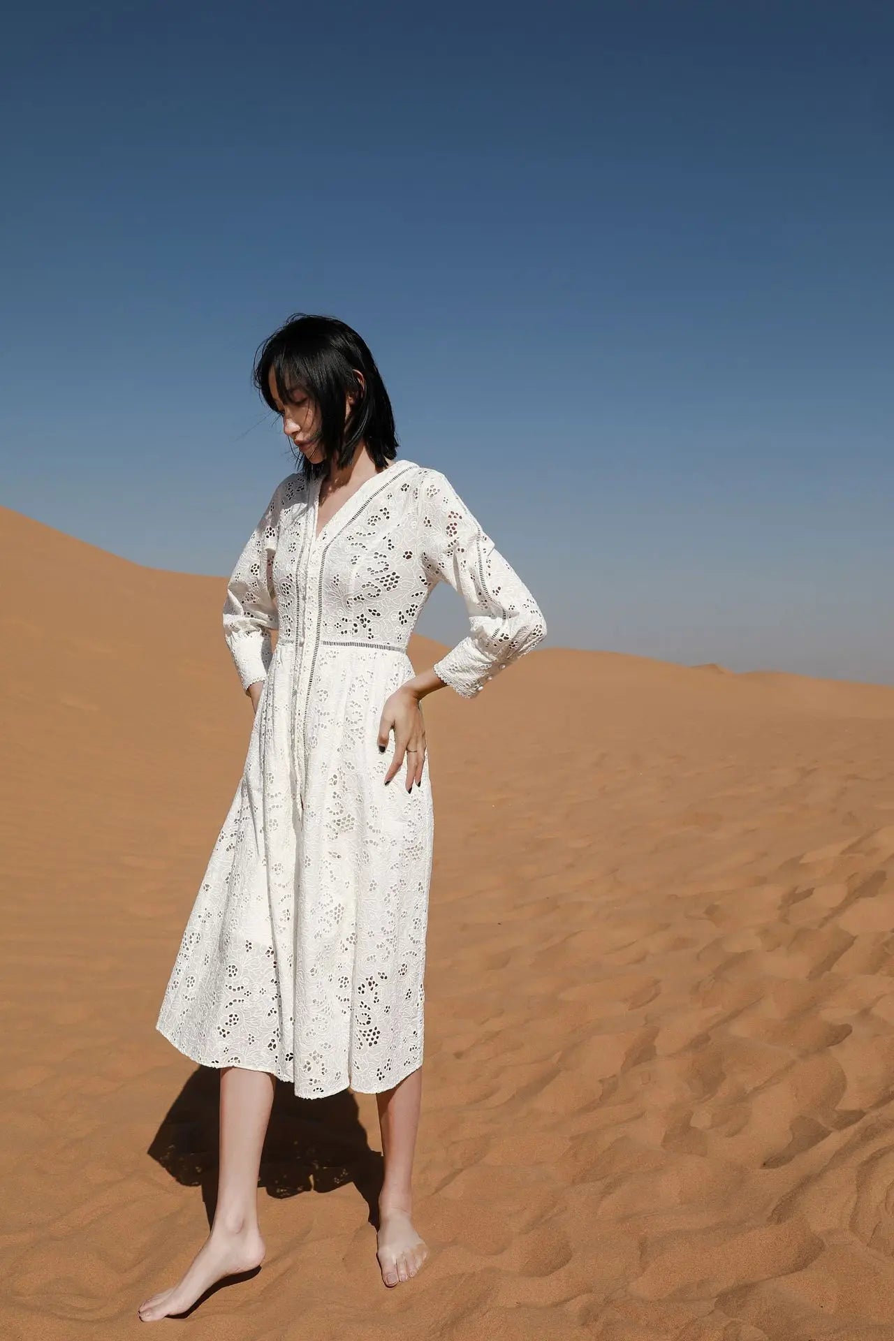 Long Sleeve Lace Dress For Women Robe Vintage V-neck Hollow Out Boho Floral Embroidery Elegant Dresses Ladies Party Vestidos