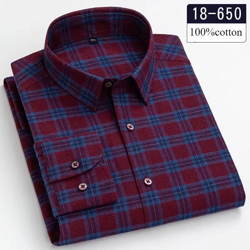 Men's 100% Cotton Brushed Slim Fit Long Sleeve Shirt — Plaid & Striped Casual Autumn