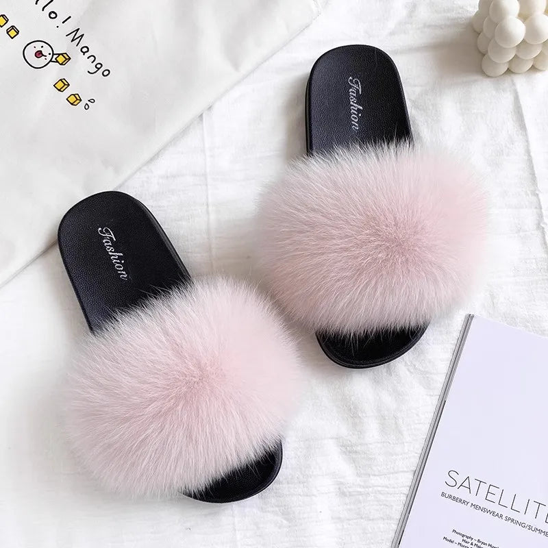 Fashion Lovely Real Fox Fur Slippers Women, Luxury Flat Sandals