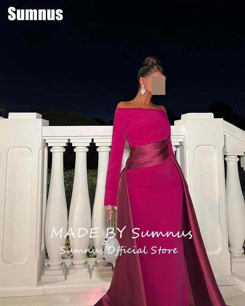 SUMNUS Formal Contrast Color Satin Evening Prom Gowns Mermaid Party Dresses Floor-Length Long Sleeves Party Dresses Customized