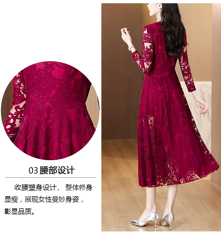 Women Vintage V-neck Lace Hollow Out Sexy Dress 2025 Elegant Bodycon Party Vestidos Spring Autumn Black Long Sleeve Midi Dresses