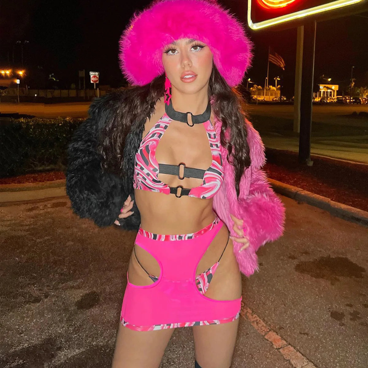 Spicy Girl Blocked Color Lingerie Set Women's Sexy Hollow Out Halter Neck Suit Backless Transparent Bra Short Skirt Three Pieces