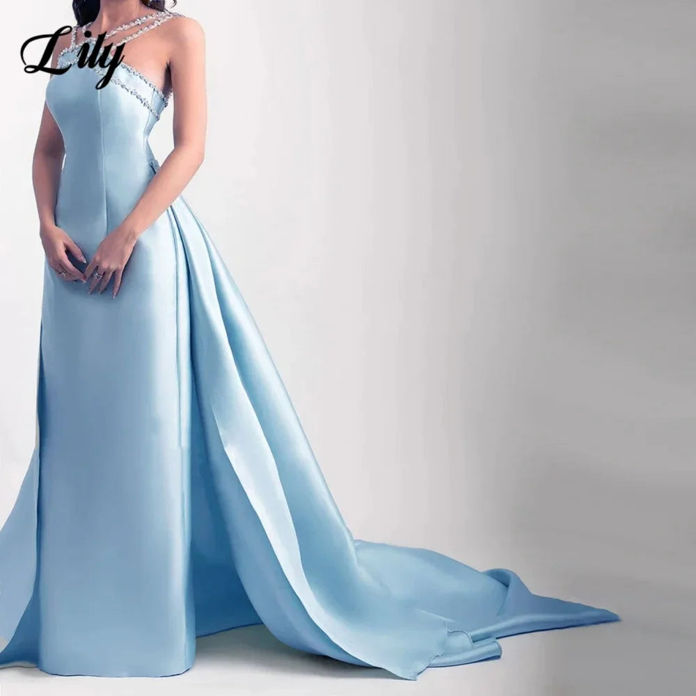 Lily Light Blue Prom Dress Shiny Beading Halter Party Dresses Stain  Sleeveless Celebrity Gowns with Detachable Tail Customized