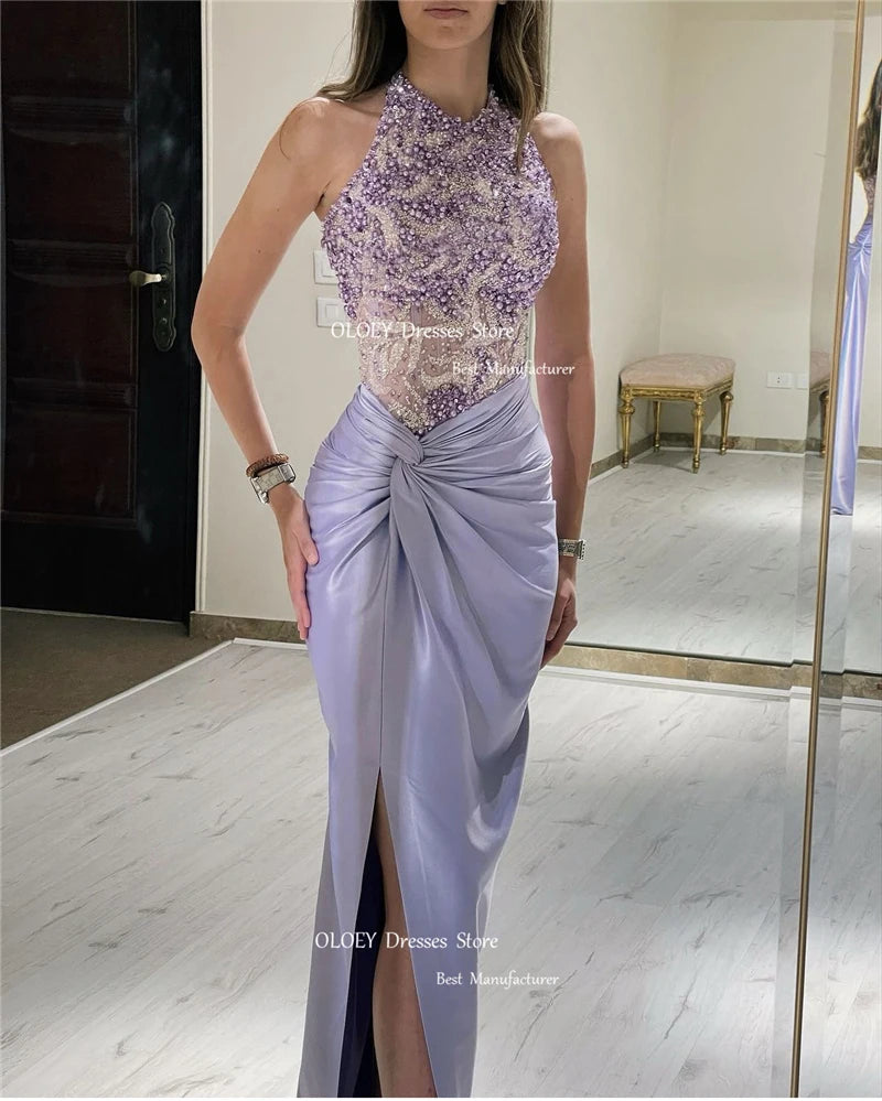 OLOEY Sexy Lavender Prom Party Dresses Lace Beading Halter Sleeves Split Dubai Arabia Evening Gowns Formal Party Dresses