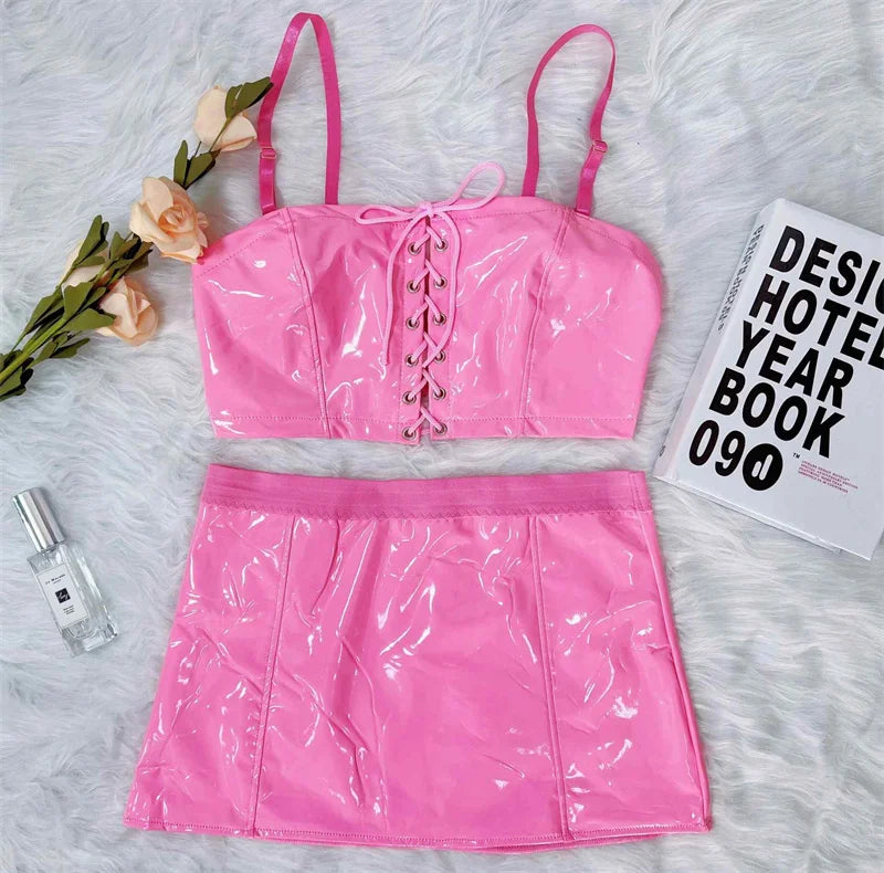 New Fashion Spicy Girl Sexy Two Pieces PU Lingerie Set Adult Lady Night Club Party Hot Costumes Stylish Street Wear Mini Skirt