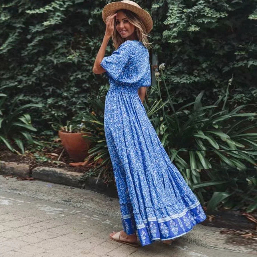 Maxi Dresses for women Cotton Rayon blue Floral print sexy deep v-ncek boho summer dresses loose Hippie long dress Vestidos