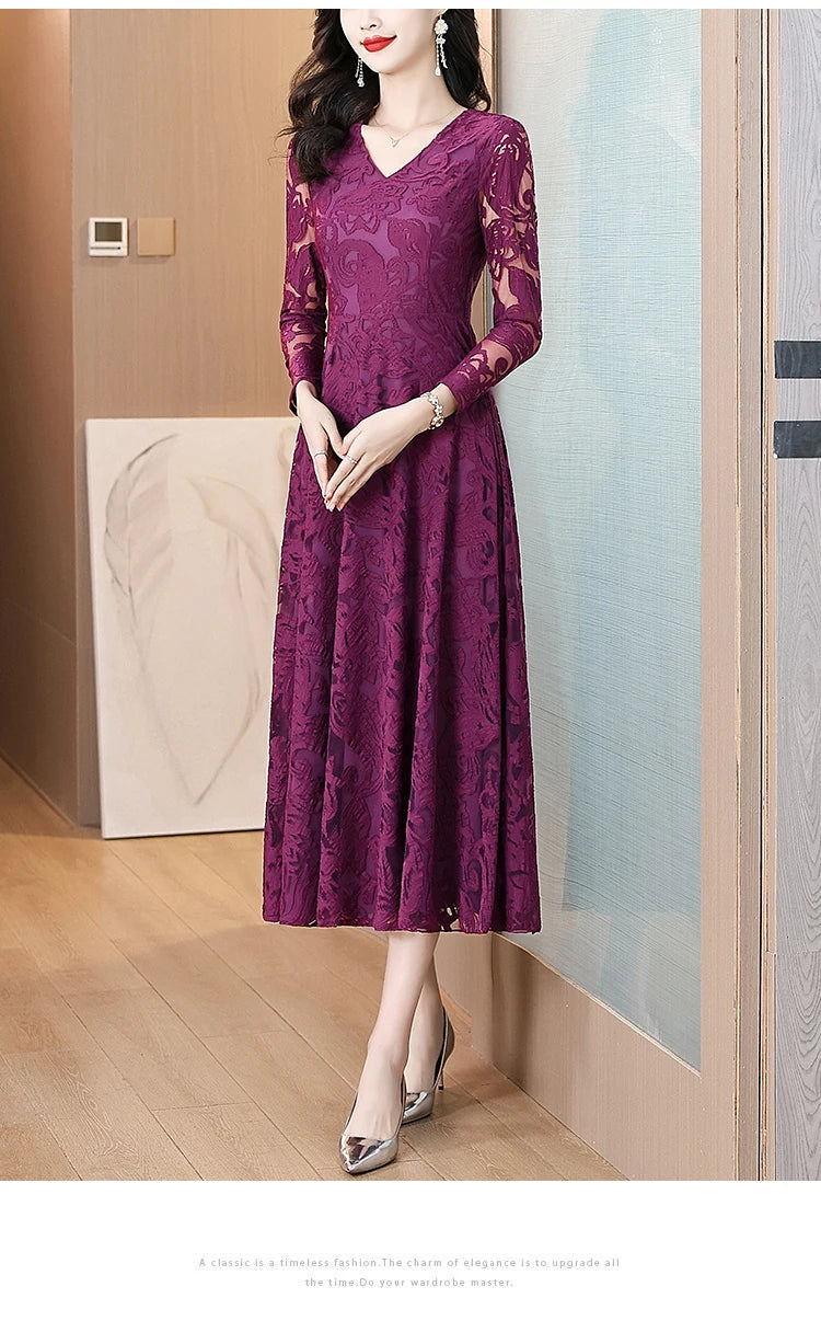 Women Vintage V-neck Lace Hollow Out Sexy Dress 2025 Elegant Bodycon Party Vestidos Spring Autumn Black Long Sleeve Midi Dresses