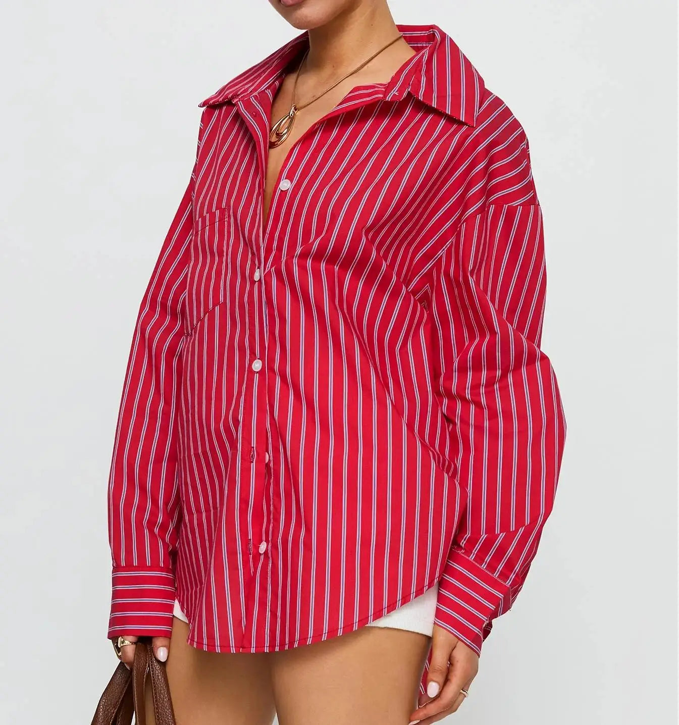 Women Spring Button Down Shirt Blue Pinstripe Loose Fit Long Sleeve Button Up Shirt Wide Collar Casual Tops Lightweight Shirts