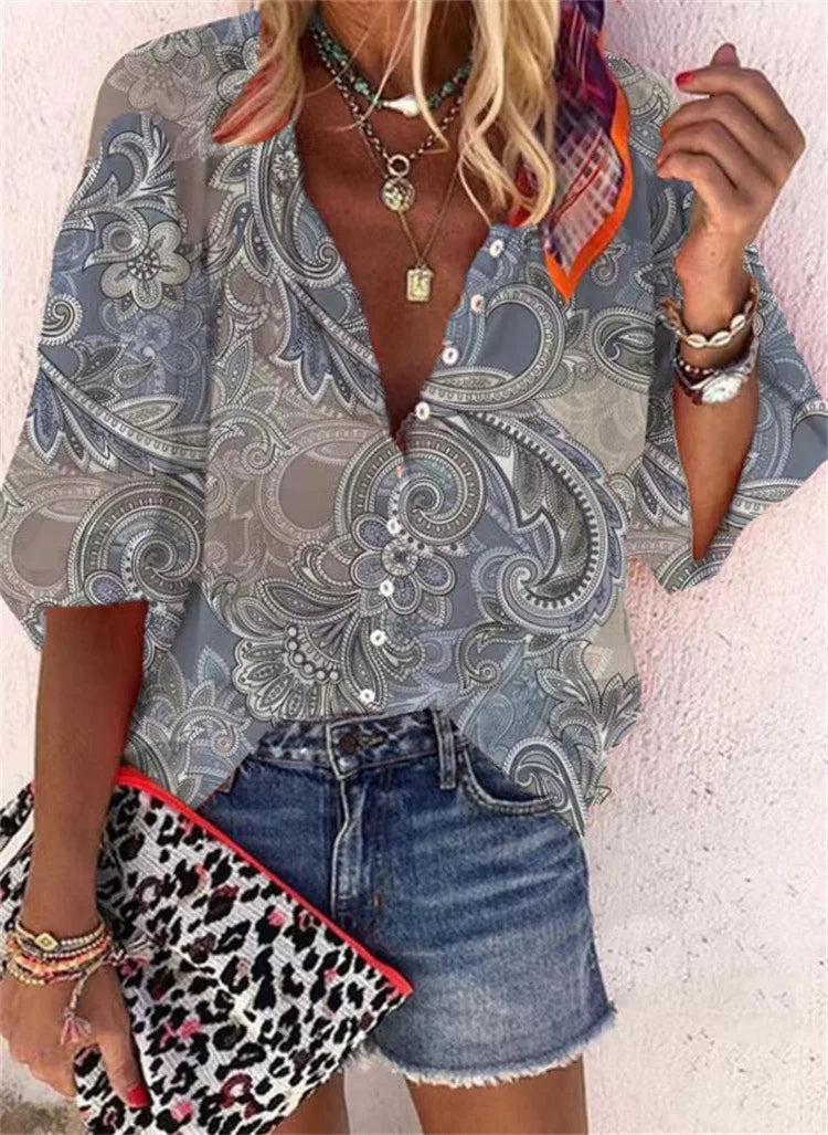 2024 New Women's Shirts & Blouses Fashion Vintage Printed Casual Vacation Bohemian Style Lady Single-breasted Shirt Streetwear