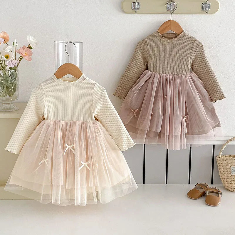2025 New Spring Sister Dress 2-6Yrs Girl Party Dress Long Sleeved Cotton Mesh Splicing Kids Princess Dresses Children Clothes