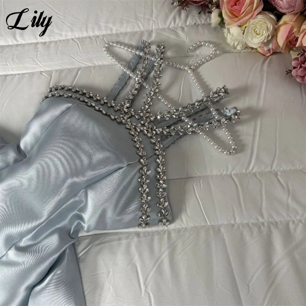 Lily Light Blue Prom Dress Shiny Beading Halter Party Dresses Stain  Sleeveless Celebrity Gowns with Detachable Tail Customized
