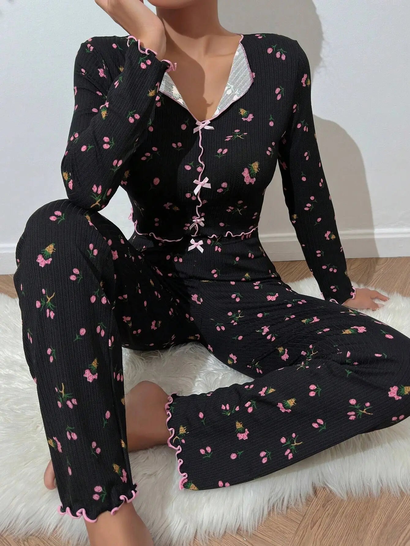 European and American hot-selling loungewear printed trousers long sleeves can be worn outside women's pajamas two-piece set
