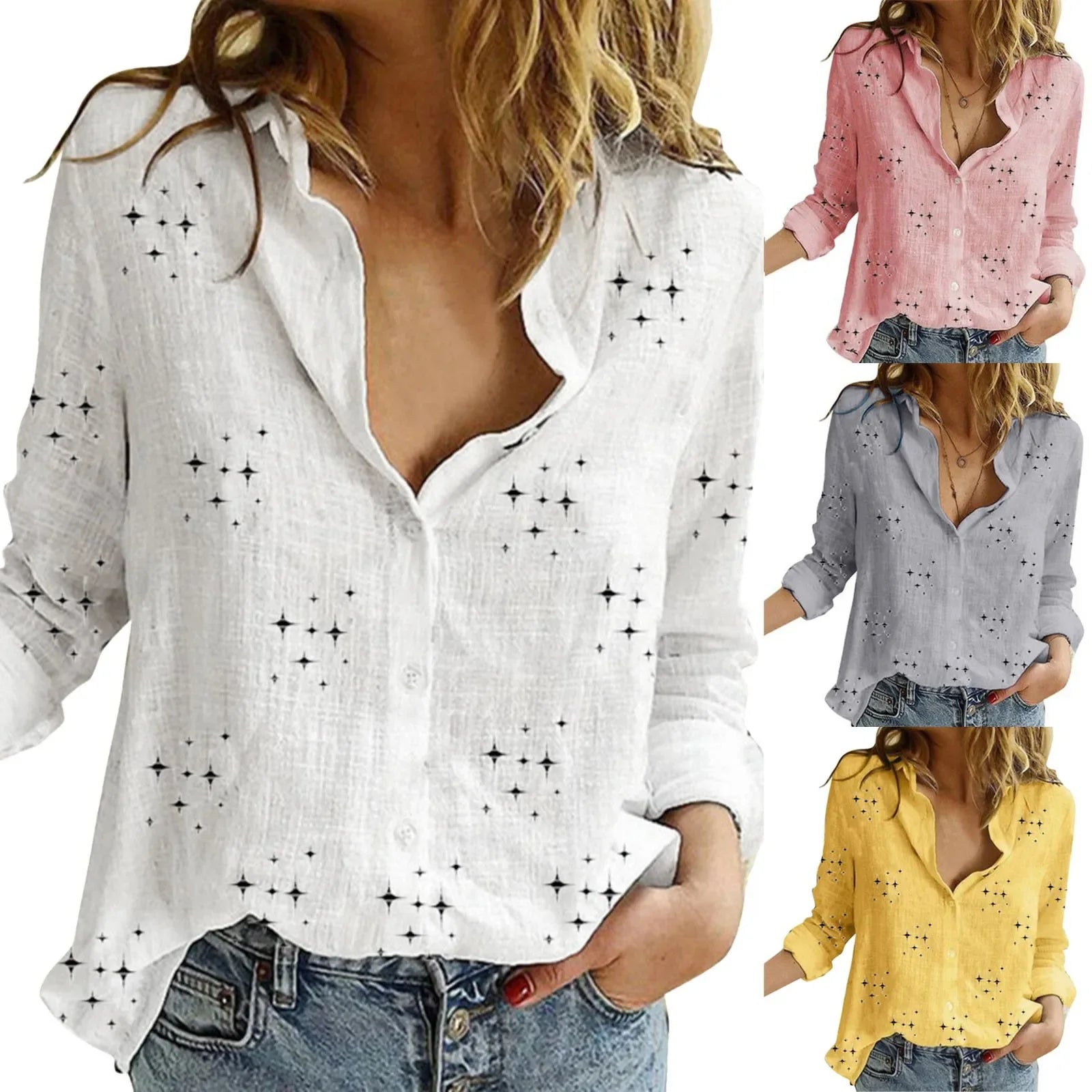 Shirts For Women Long Sleeve Linen Tops Cotton Casual V Neck With Button Office Ladies Fitted Sports Breath Female Blouse