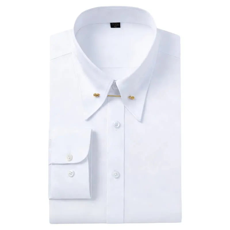 Lynett Lamar Men's Empire Collar French Cuff Long Sleeve Dress Shirt — Large Pointed Collar with Collar Pin