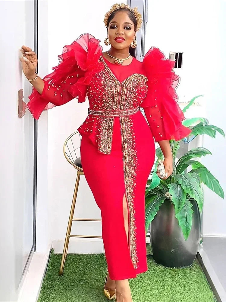 Customized Luxury Vintage Dresses For Women Wedding Party Prom Evening Gown Long Sleeve Dress Dashiki Beaded Robe Turkey African