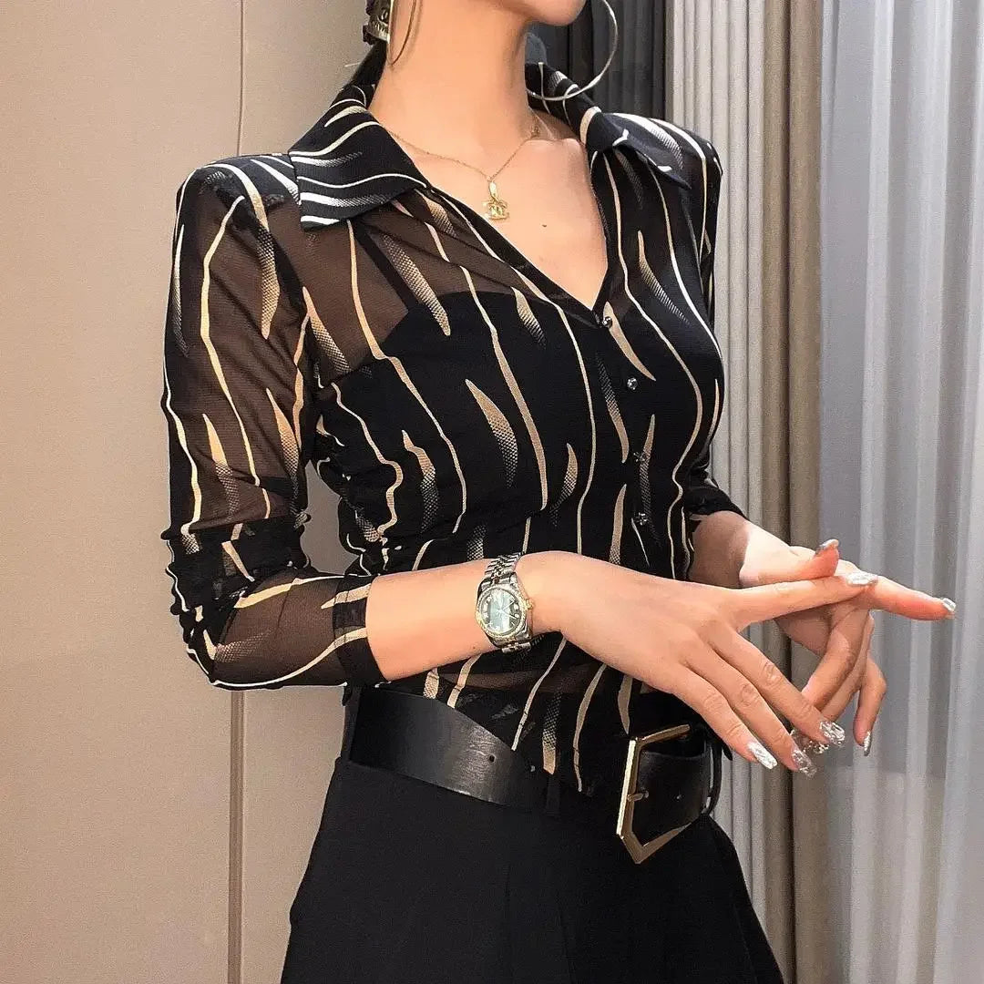 Striped Shirts & Blouses for Women Button Up Sexy Woman Top Beautiful in Promotions Novelty 2025 Elegant and Youthful M Clothes