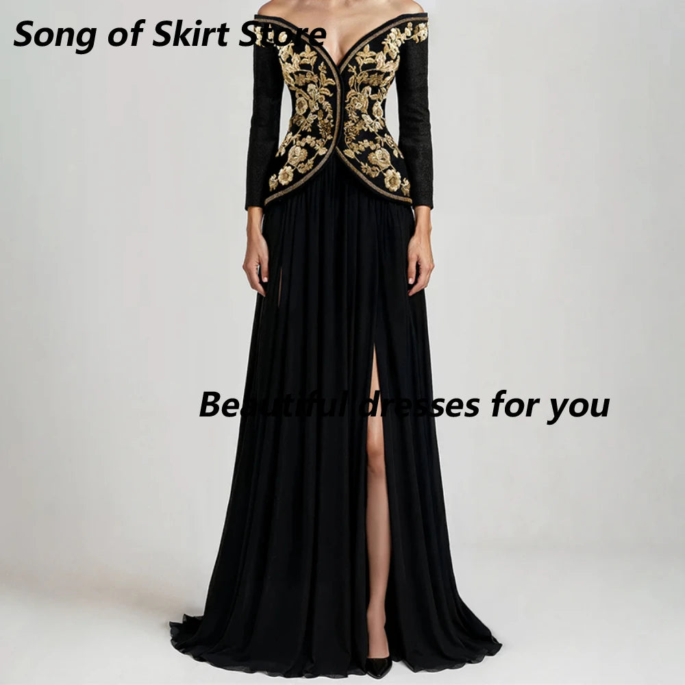 Black Off The Shoulder Evening Dress Lace Appliques Long Sleeves Formal Party Dresses A Line Slit Long Party Dresses Customized