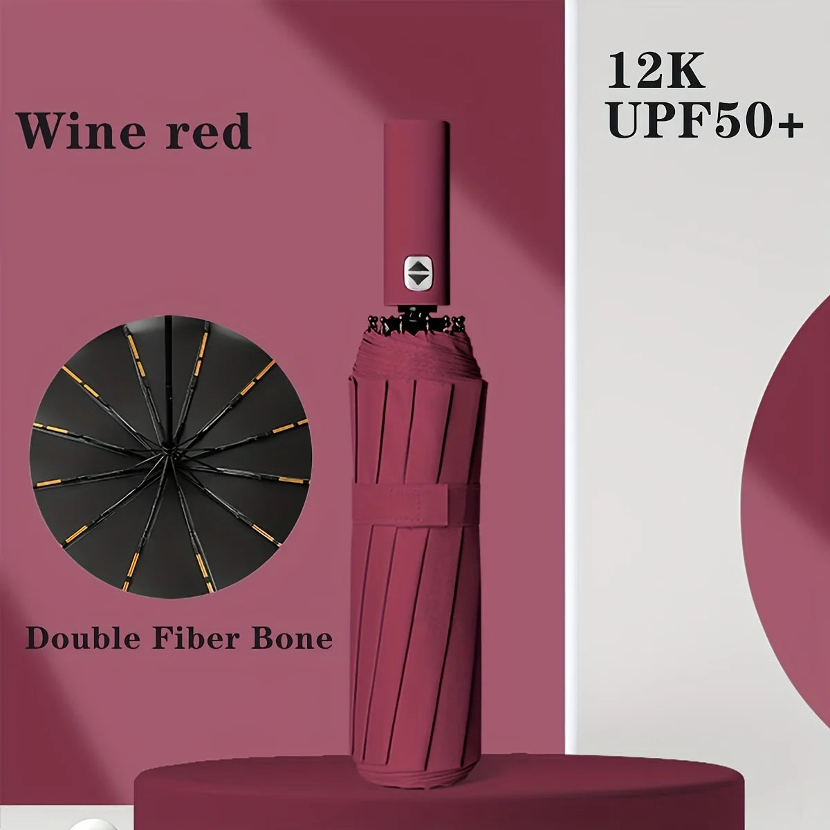 A fully automatic foldable umbrella with 12 ribs and reinforced structure for both rainy and sunny days, featuring UV protection