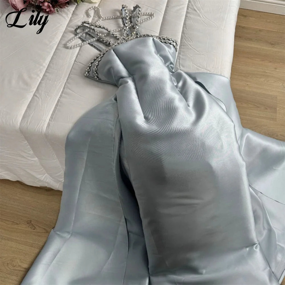 Lily Light Blue Prom Dress Shiny Beading Halter Party Dresses Stain  Sleeveless Celebrity Gowns with Detachable Tail Customized