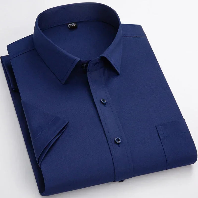Lynett Lamar Men's Stretch No-Iron Short Sleeve Dress Shirt — Square Collar Formal Workwear
