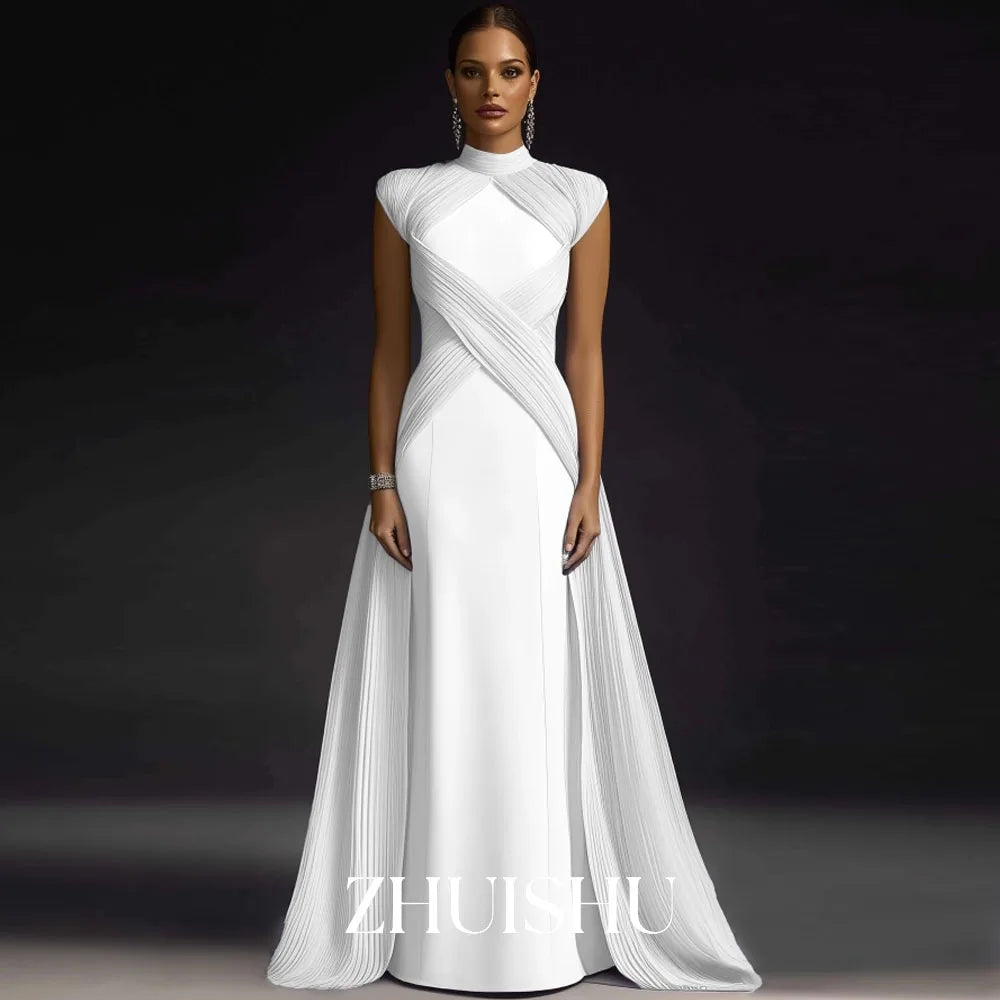 ZHUISHU High Collar Sleeveless Wedding Party Dresses Modest Pleated A Line Long Prom Party Dresses Customized Formal Event Gown