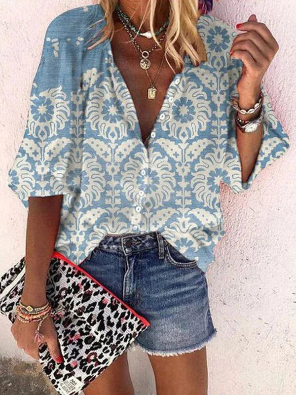 2024 New Women's Shirts & Blouses Fashion Vintage Printed Casual Vacation Bohemian Style Lady Single-breasted Shirt Streetwear