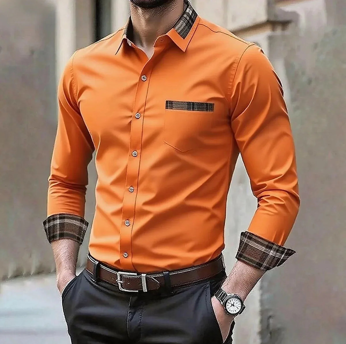 Men's Silk-Blend Plaid Long Sleeve Dress Shirt — 12 Colours Formal Casual Wedding