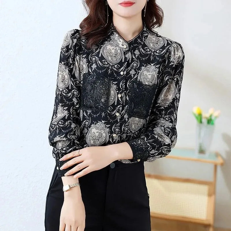 Shirts for Women in Spring Autumn New Style Printed Satin Stylish Slim Fashion Commuting Simple