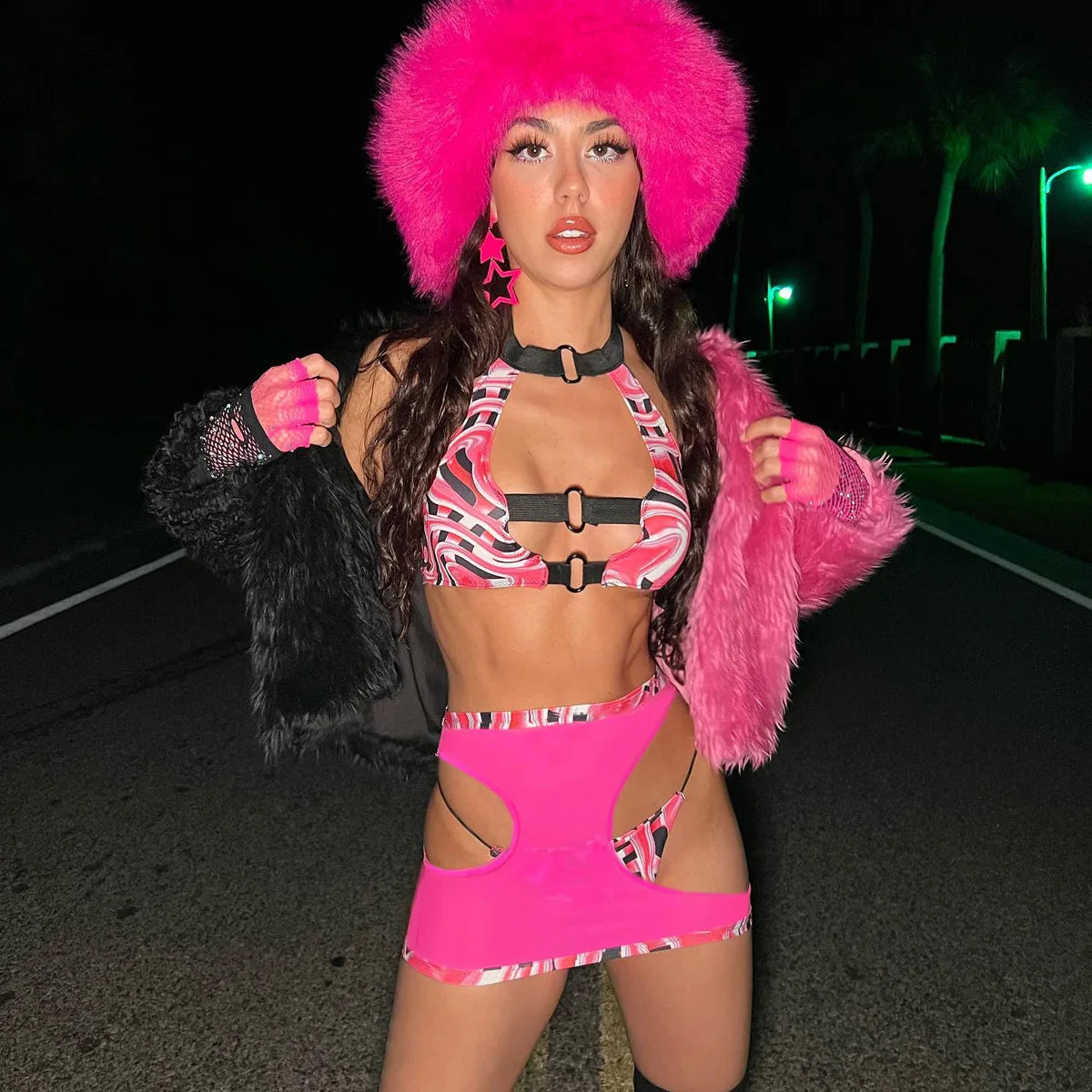 Spicy Girl Blocked Color Lingerie Set Women's Sexy Hollow Out Halter Neck Suit Backless Transparent Bra Short Skirt Three Pieces