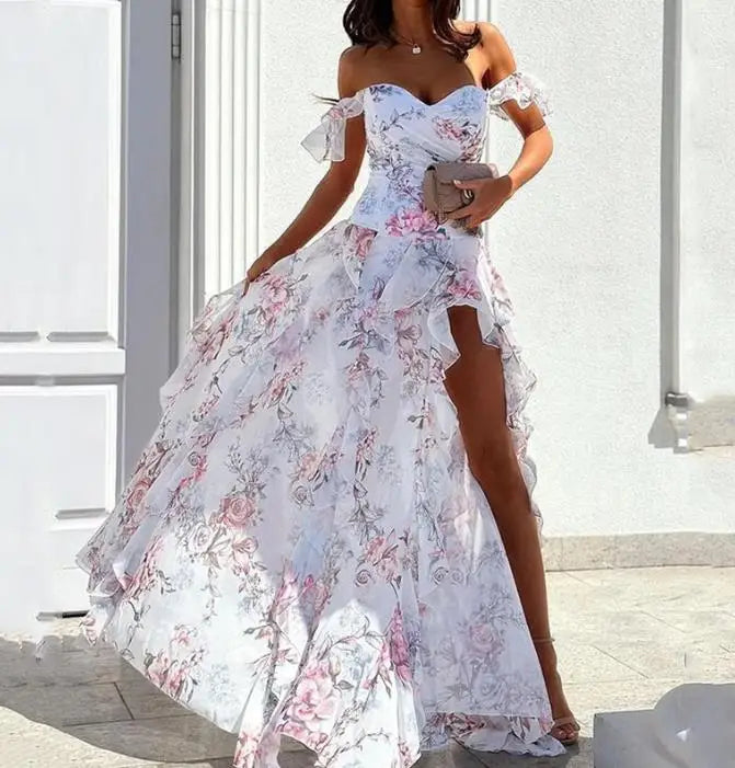 Elegant Party Dresses for Women 26 New Casual Fashion Print Trend Sexy Spicy Girl Off Shoulder Strap Split Waist Dress Vacation