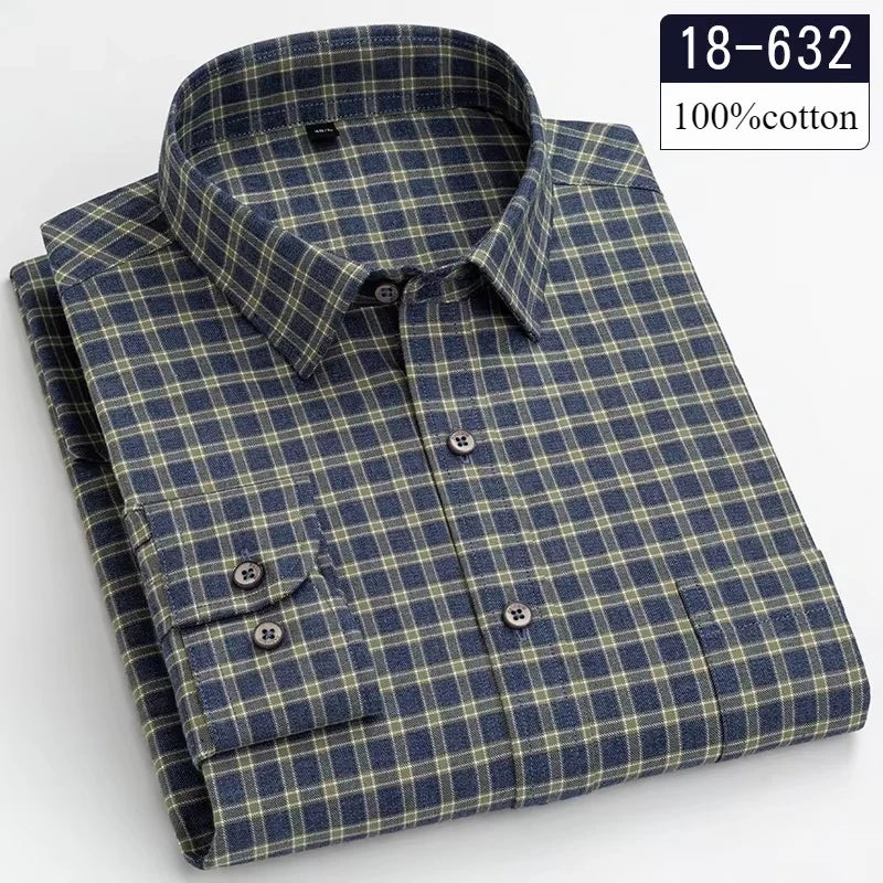 Men's 100% Cotton Brushed Slim Fit Long Sleeve Shirt — Plaid & Striped Casual Autumn