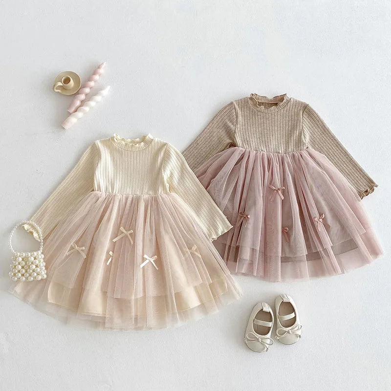 2025 New Spring Sister Dress 2-6Yrs Girl Party Dress Long Sleeved Cotton Mesh Splicing Kids Princess Dresses Children Clothes