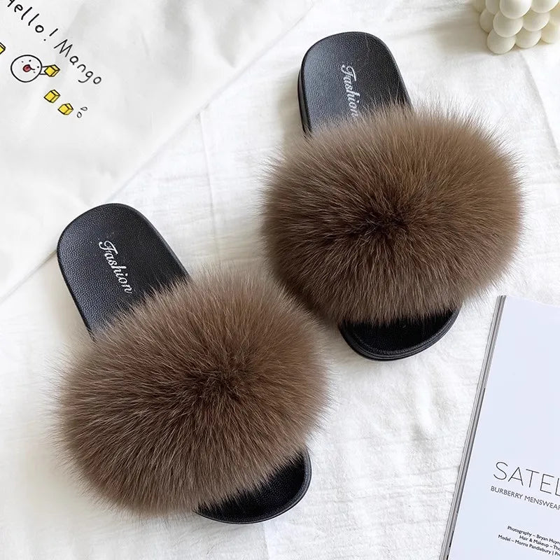 Fashion Lovely Real Fox Fur Slippers Women, Luxury Flat Sandals