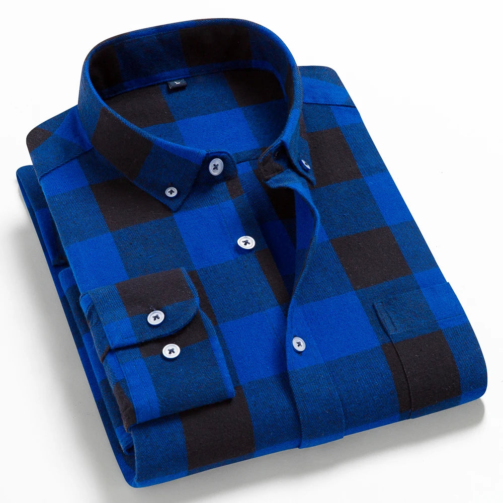 Men's Button Down Collar Contrast Plaid Pure Cotton Flannel Shirt with Left Chest Pocket Slim Fit Comfort Casual Brushed Shirts
