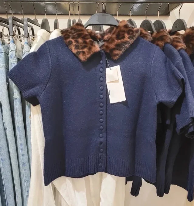 Women's Jacket 2025 New Autumn Fashion Darkblue Detachable Animal Print Neckline Knitted Jacket for Women Casual Chic Ladies Top