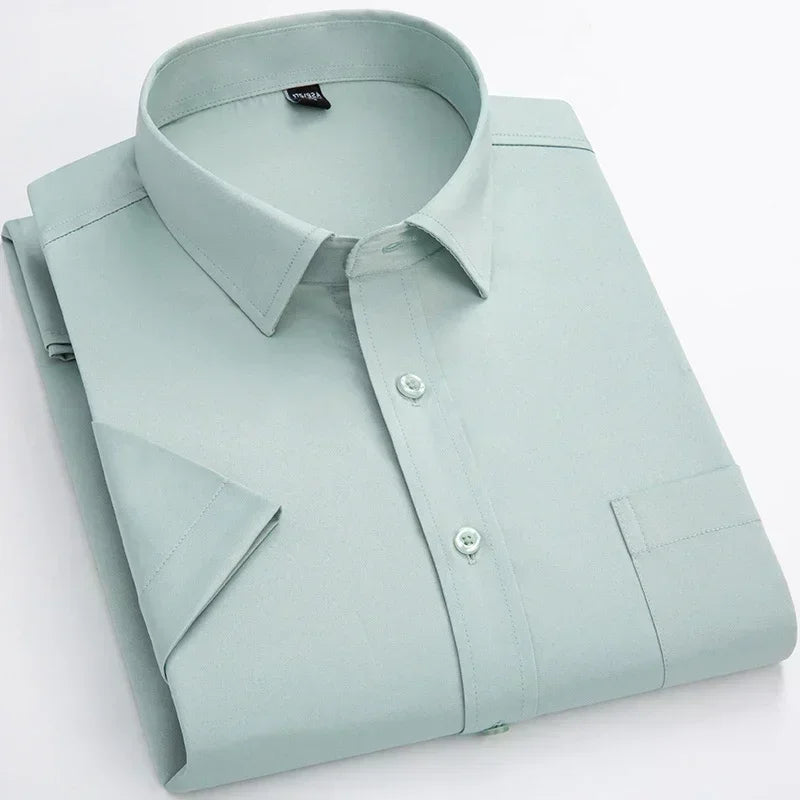 Lynett Lamar Men's Stretch No-Iron Short Sleeve Dress Shirt — Square Collar Formal Workwear